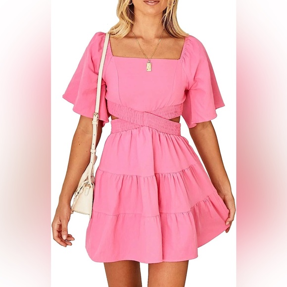 Dresses & Skirts - Women's Summer Dress Square Neck Short Sleeves Crossover Waist Mini Dress